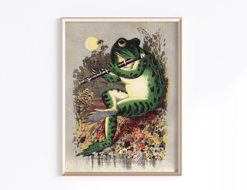 May include: A vintage illustration of a green frog playing a flute in a forest setting. The frog is sitting on a rock with its legs crossed and is wearing a serious expression. The background is a lush forest with a moon in the sky.