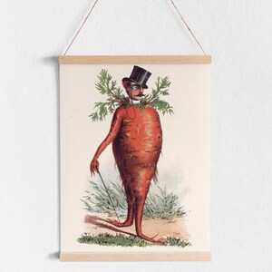 May include: A vintage illustration of a carrot wearing a top hat and monocle. The carrot is anthropomorphized and has a human-like body with legs and arms. The carrot is standing in a field of green grass.