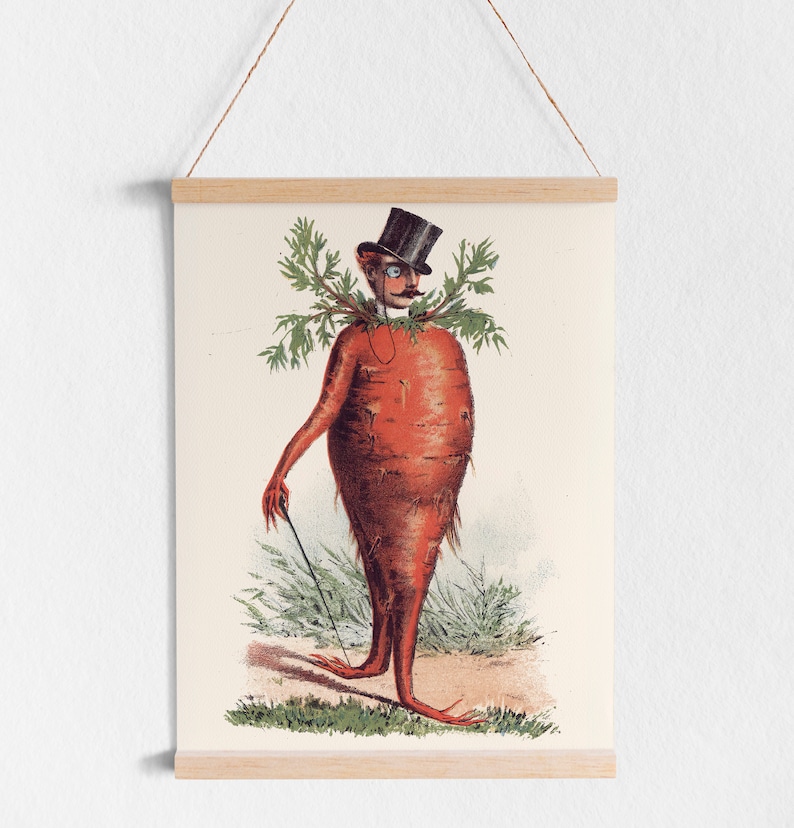 May include: A vintage illustration of a carrot wearing a top hat and monocle. The carrot is anthropomorphized and has a human-like body with legs and arms. The carrot is standing in a field of green grass.