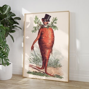 May include: A vintage illustration of a carrot wearing a top hat and monocle. The carrot is standing in a field of green grass.