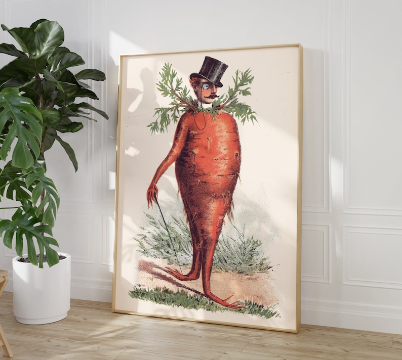 May include: A vintage illustration of a carrot wearing a top hat and monocle. The carrot is standing in a field of green grass.