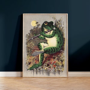 May include: A vintage illustration of a green frog playing a flute in a forest setting. The frog is sitting on a rock with its legs crossed and its eyes closed. The flute is held in its right hand and the left hand is resting on its leg. The background is a forest scene with trees, leaves, and flowers.