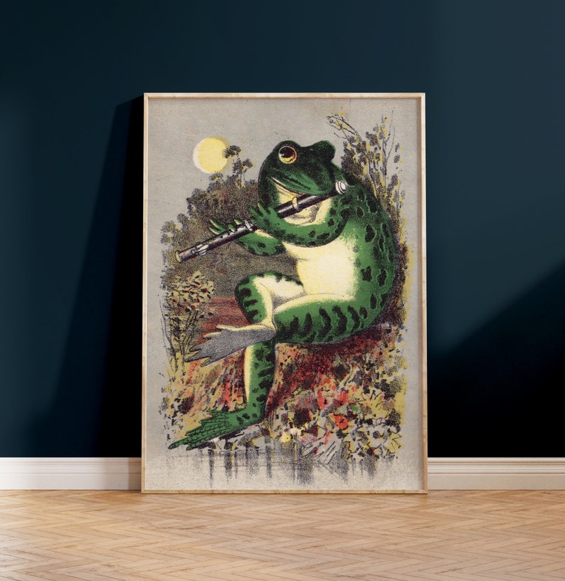 May include: A vintage illustration of a green frog playing a flute in a forest setting. The frog is sitting on a rock with its legs crossed and its eyes closed. The flute is held in its right hand and the left hand is resting on its leg. The background is a forest scene with trees, leaves, and flowers.
