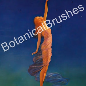 May include: A woman in a flowing, light blue gown reaches up towards a crescent moon in a dark blue night sky. The woman is standing on a rock with a green and blue background.