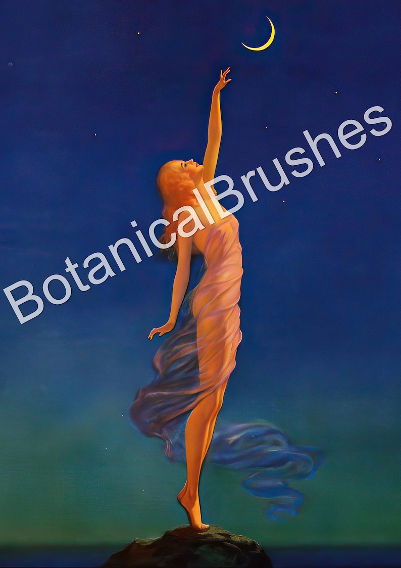 May include: A woman in a flowing, light blue gown reaches up towards a crescent moon in a dark blue night sky. The woman is standing on a rock with a green and blue background.