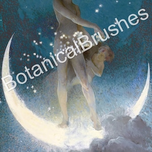 May include: A woman stands on a crescent moon, her body is nude and she has long red hair. The background is a dark blue with white stars.