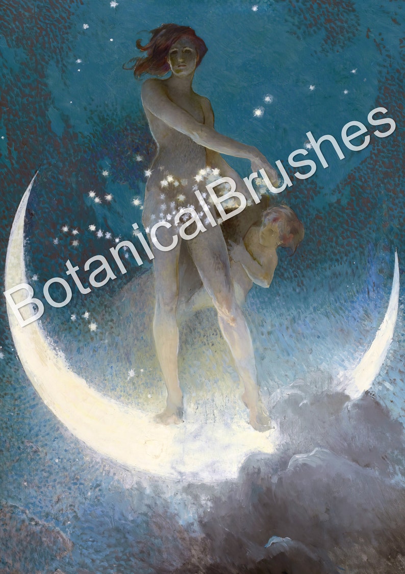 May include: A woman stands on a crescent moon, her body is nude and she has long red hair. The background is a dark blue with white stars.