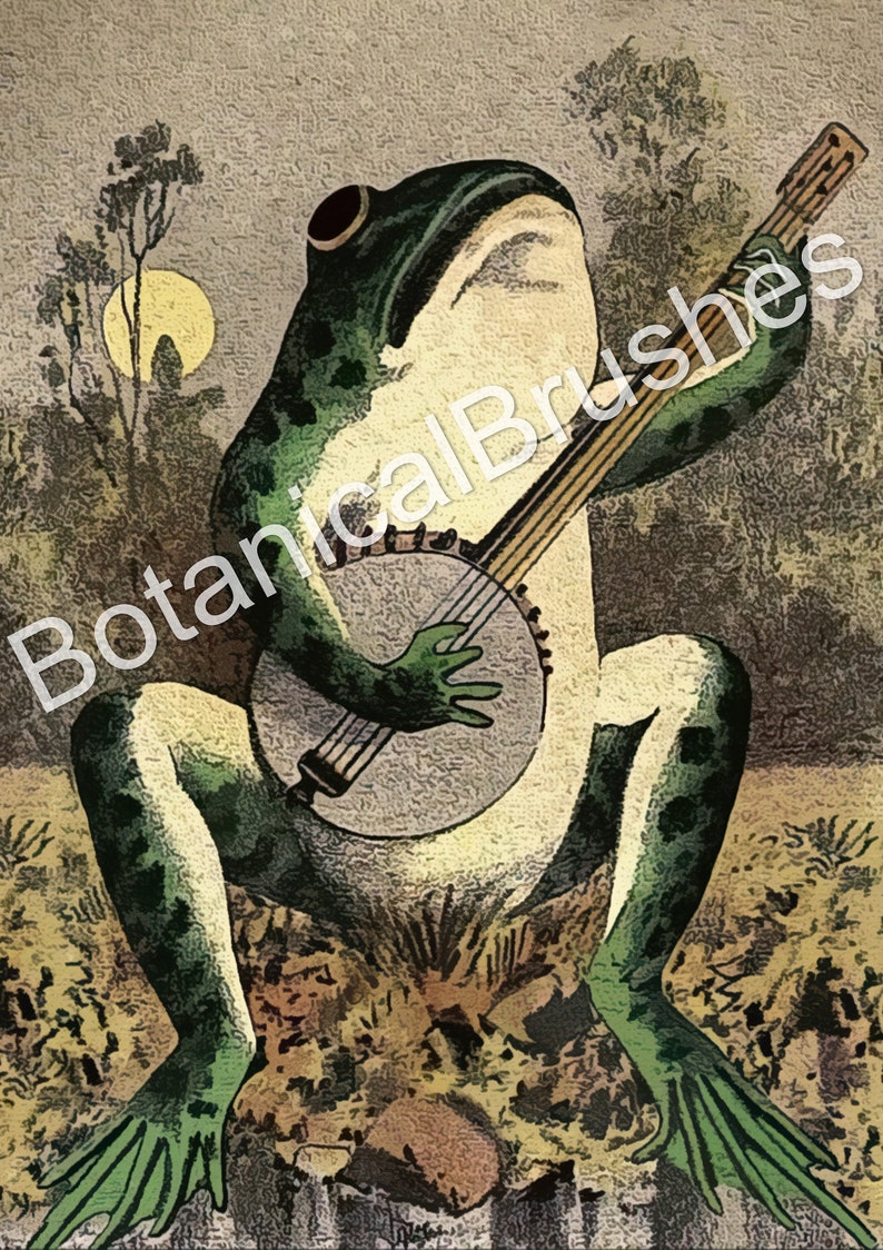 May include: A green frog with a banjo plays music in a forest setting. The frog is sitting on a rock with its legs crossed. The banjo is a light brown color with a white circular body. The frog has a large, round eye and a wide mouth.