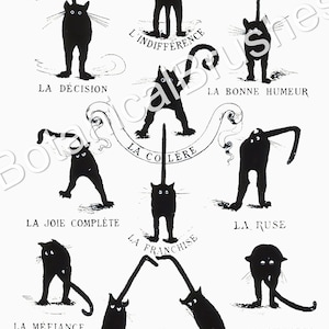 May include: A black and white illustration of a cat in different poses, each representing a different personality trait. The text in French describes each pose, such as "La Decision" (The Decision), "L'Indifference" (Indifference), and "La Bonne Humeur" (Good Mood).