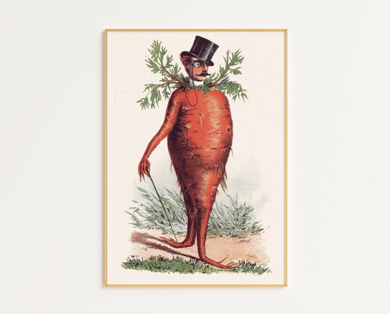 May include: A vintage illustration of a cartoon carrot wearing a top hat, monocle, and a bow tie. The carrot is standing on a grassy path with green foliage.