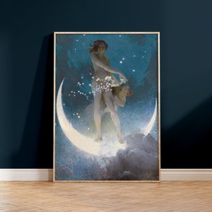 May include: A painting of a woman standing on a crescent moon, surrounded by stars. She is holding a string of stars in her hand. The background is a dark blue sky.