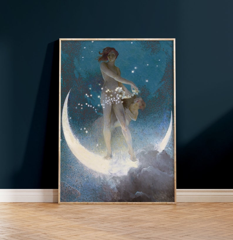 May include: A painting of a woman standing on a crescent moon, surrounded by stars. She is holding a string of stars in her hand. The background is a dark blue sky.