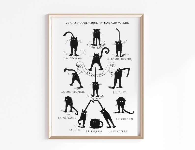 May include: A black and white illustration of a cat in different poses, each representing a different character trait. The French text below each cat describes the trait, such as "La Decision" (The Decision) and "La Bonne Humeur" (Good Mood).