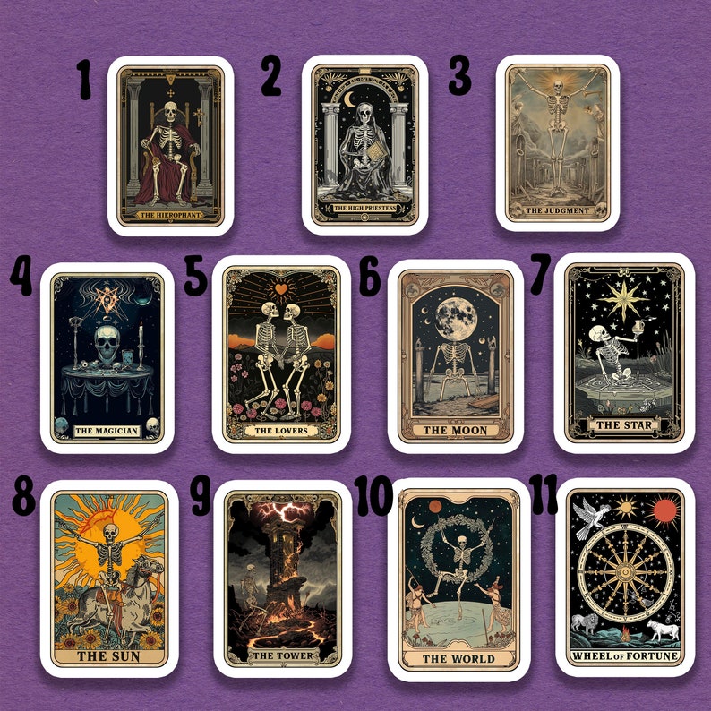 May include: A set of 11 tarot cards featuring skeletons in various poses and settings. The cards are numbered 1 through 11 and include titles such as "The Magician", "The Hierophant", "The Lovers", "The Moon", "The Star", "The Sun", "The Tower", "The World", and "Wheel of Fortune".
