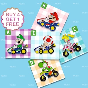 May include: A selection of cartoon character images from the Mario Kart series. Each character is shown in a vehicle, like a kart or motorcycle, set against a chequered background. Characters include Mario, Luigi, Princess Peach, Toad, and Yoshi.
