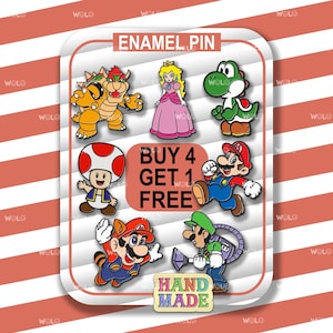 Peut inclure: Ensemble de huit épingles en émail représentant des personnages de la franchise de jeux vidéo Super Mario Bros. Les épingles sont colorées et présentent des personnages comme Mario, Luigi, Peach, Toad, Bowser et Yoshi. Le texte "ACHETEZ 4, OBTENEZ 1 GRATUIT" est affiché sur l'image.