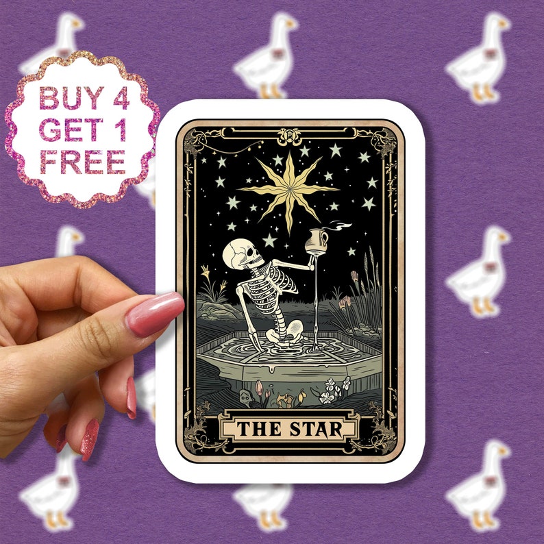 May include: A tarot card with a black background and gold accents. The card depicts a skeleton pouring water from a pitcher into a pool. The card is titled "The Star".