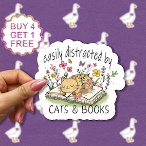Libros apilados de gato pegatina de flores pegatina de gato, pegatinas de libros divertidos, calcomanías de libros para portátiles, pegatinas de vaso, pegatinas de coche, pegatina de botella de agua