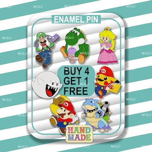 May include: A set of eight enamel pins featuring characters from popular video games. The pins are colorful and feature characters like Mario, Luigi, Pikachu, and Yoshi. The text "BUY 4 GET 1 FREE" and "HAND MADE" are also included in the image.