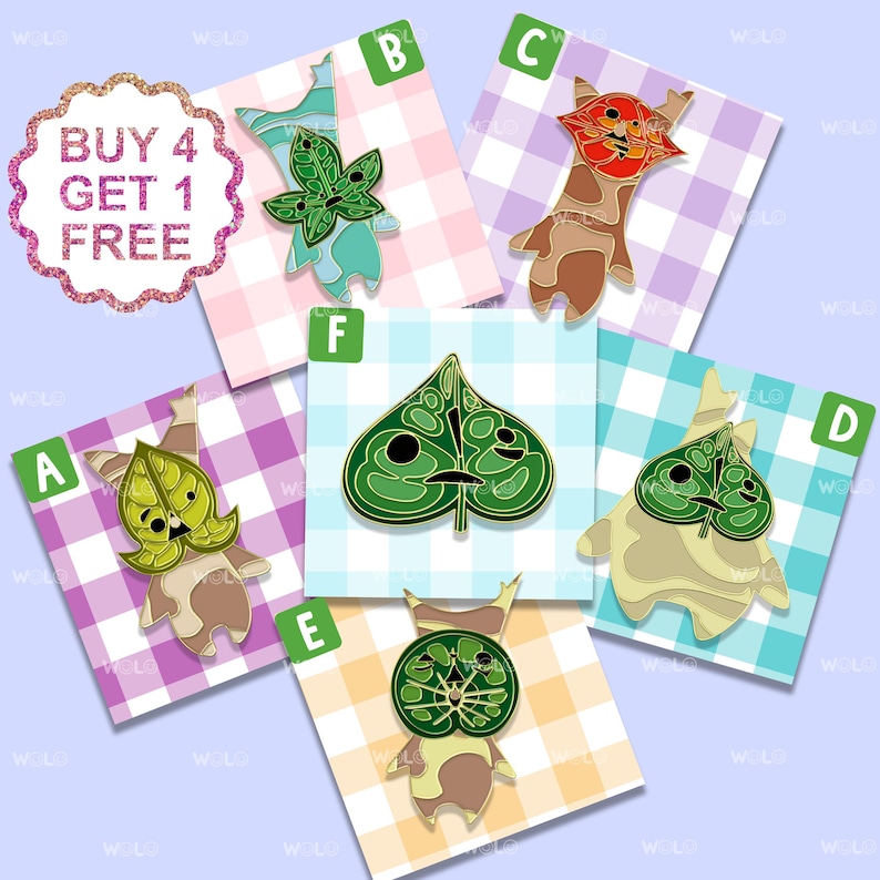 May include: Set of six enamel pins featuring different characters from the video game 'The Legend of Zelda: Breath of the Wild'. The pins are colorful and feature a variety of designs, including a green leaf, a red and brown character, and a brown and green character. The pins are arranged in a grid pattern on a pink and white checkered background. The text 'BUY 4 GET 1 FREE' is displayed in a pink and white glitter circle.