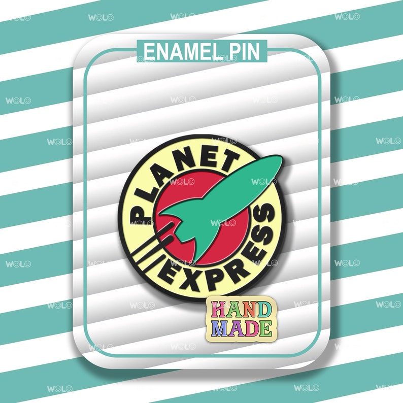 May include: Enamel pin featuring the Planet Express logo with a green rocket and the text "Planet Express". The pin has a red background and a yellow border. A smaller "Hand Made" pin is also included.