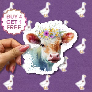 Floral Highland Cow Sticker Kawaii Animal Sticker Grappige Highland Cow Gifts Inspirerende Laptop Stickers Esthetische Sticker Set Tumbler Sticker