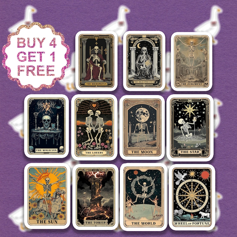 May include: A set of 12 tarot card stickers featuring skeletons in various poses and settings. The cards are labeled with the names of the major arcana, including The Hierophant, The High Priestess, The Judgment, The Magician, The Lovers, The Moon, The Star, The Sun, The Tower, The World, and Wheel of Fortune.