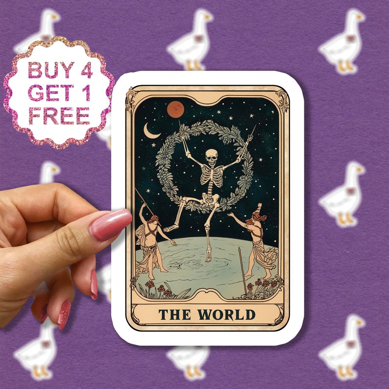 May include: A tarot card with a white background and a vintage-style illustration of a skeleton dancing in a wreath of leaves. The card is titled "The World".