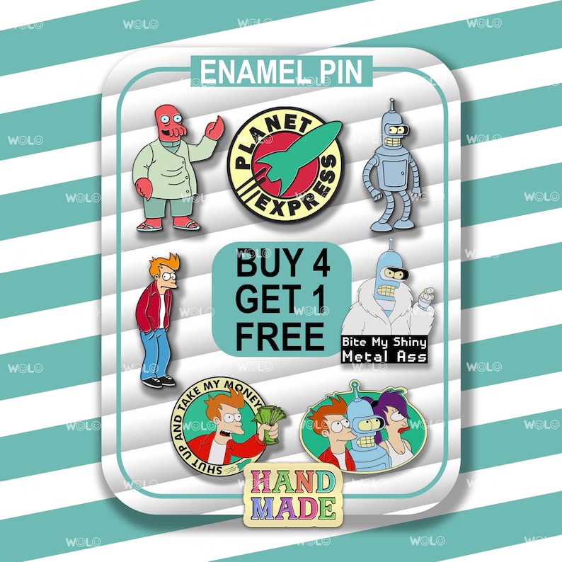 May include: A collection of enamel pins featuring characters and logos from the animated series. The pins include characters like Fry, Bender, and Zoidberg, along with the Planet Express logo. The pins are colorful and have the text "ENAMEL PIN".