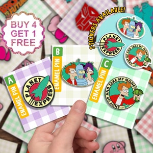 May include: Four enamel pins featuring characters from the animated television series Futurama. The pins are displayed on a checkered background with a sign that reads "Buy 4 Get 1 Free". The pins feature the Planet Express logo, a robot, a woman with purple hair, and a man with red hair. The text on the pins reads "Planet Express", "Shut Up and Take My Money", and "Shut Up and Take My Money".