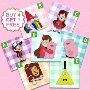May include: A collection of colorful cartoon character pins, including a gnome with a rainbow, a girl in a red sweater, a boy in a cap, a pink pig, a book, and a yellow triangle. The pins are on checkered backgrounds with the text "BUY 4 GET 1 FREE".