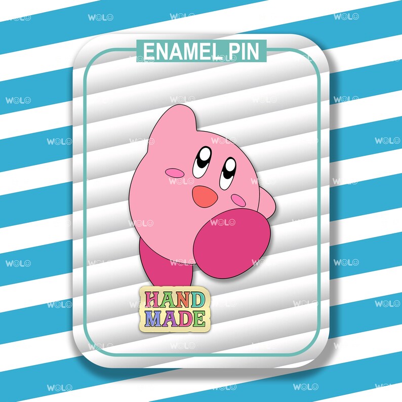 K&ouml;nnte beinhalten: Rosa emaillierte Anstecknadel mit einer Cartoonfigur mit gro&szlig;en Augen und einem rosa K&ouml;rper. Die Anstecknadel hat einen wei&szlig;en Hintergrund und den Text "HAND MADE" in Regenbogenfarben.