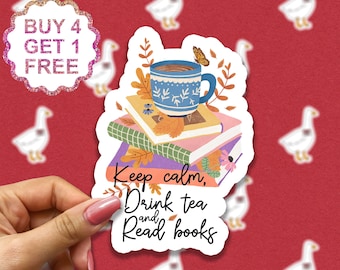 Tea Stacked Books Flower Stickers, Funny Book Stickers, Books Laptop Decals, Tumbler Stickers, Car Stickers, Water Bottle Sticker