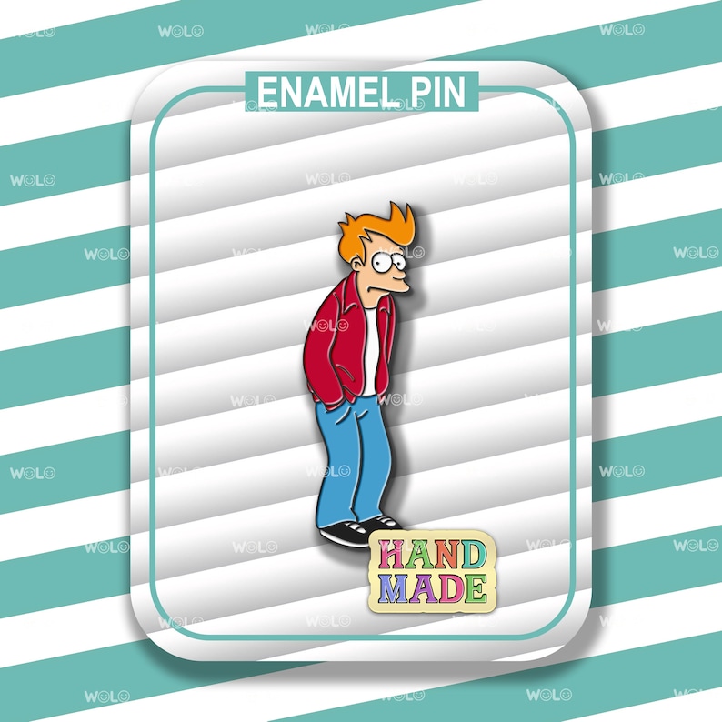 May include: Enamel pin featuring a cartoon character in a red jacket, blue pants, and black shoes. The pin has the text "ENAMEL PIN" at the top and "HAND MADE" at the bottom. The background is white with diagonal stripes.