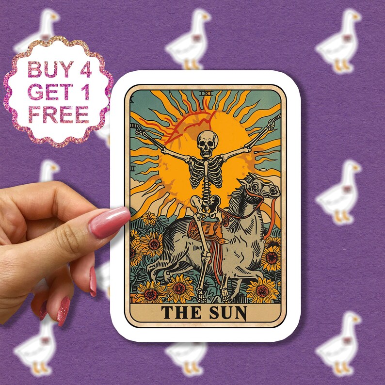 May include: A tarot card with a yellow sun and a skeleton riding a white horse. The card is titled "THE SUN".