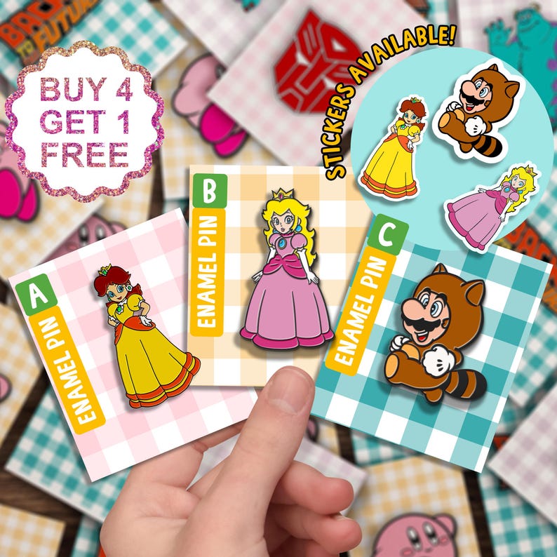 May include: Enamel pins of Princess Daisy, Princess Peach, and Tanooki Mario, displayed on gingham-patterned cards. The image also shows stickers of the characters and a promotional message: "BUY 4 GET 1 FREE".