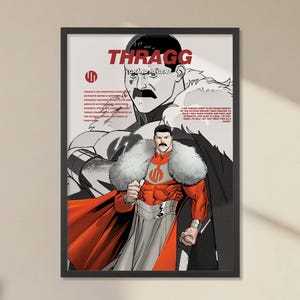 May include: Framed poster featuring a comic book illustration of a character named Thragg. The character is depicted in a red and white costume with a fur collar, set against a white background with text. The poster is in a black frame.