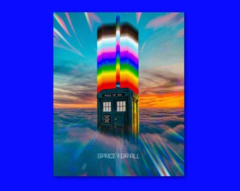 ドクター・フー プライドポスター | ターディス LGBTQ+ プリント | 「宇宙はすべての人に」フーヴィアン ウォールアート | レインボー SF ファンアート | 額装なしギフト
