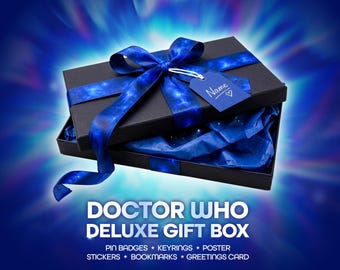 Doctor Who Deluxe Gift Box | Ultimate Dr Whovian Christmas/Birthday Gift - Pin Badges, Keyrings, Poster, Stickers, Bookmark, Greetings Card
