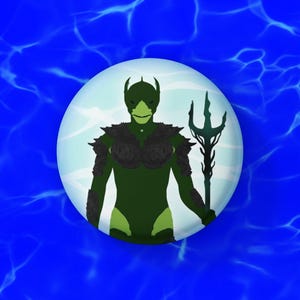 May include: A button featuring a green creature with a trident, set against a light blue background. The creature has a reptilian face, black armor, and a trident. The background is a blue water pattern.