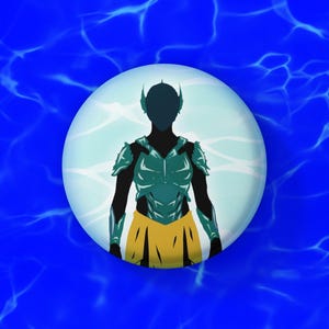 May include: A circular badge depicting a silhouetted figure in teal armour and a yellow skirt. The figure is set against a pale blue circle, with a blue water-like pattern in the background. The design is simple and graphic.
