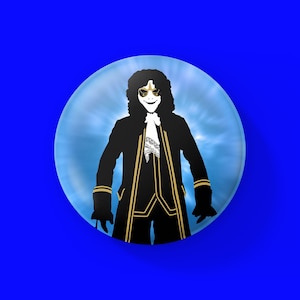 Peut inclure: Un bouton représentant une silhouette d'une personne en manteau noir avec des bordures dorées, une chemise blanche et des gants. La silhouette est placée sur un fond bleu clair dans une forme circulaire, le tout sur un fond bleu vif.