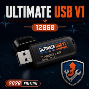 Puede incluir: Una unidad flash USB negra TeamGroup Ultimate V1 con una capacidad de 128 GB. El dispositivo cuenta con un conector metálico, una tapa extraíble y texto impreso que incluye el nombre del modelo, la capacidad y la etiqueta 2026 Edition.