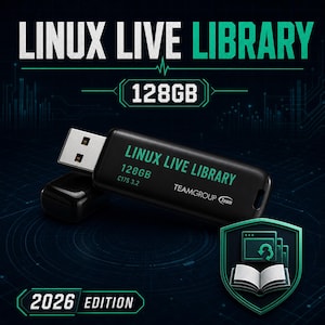 Könnte beinhalten: Ein schwarzer TeamGroup C175 3.2 USB-Stick mit 128 GB Kapazität und der Aufschrift Linux Live Library. Das Gerät ist mit abgenommener Kappe dargestellt, verfügt über einen Metallanschluss und eine kleine Öffnung für ein Schlüsselband. Der Text 2026 Edition ist sichtbar.