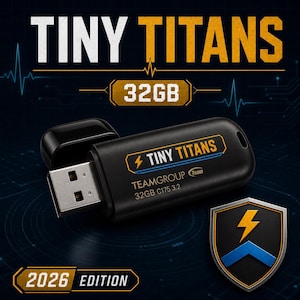 Könnte beinhalten: Ein schwarzer USB-Stick mit abnehmbarer Kappe, beschriftet mit TINY TITANS, TEAMGROUP und 32GB C175 3.2. Das Design zeigt ein Schild-Symbol mit gelbem Blitz und blauem Winkel auf einem dunklen Hintergrund mit digitalen Grafikelementen.