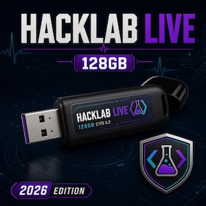 Könnte beinhalten: Ein schwarzer USB-Stick mit 128 GB Kapazität, der den Text HACKLAB LIVE, 128GB C175 3.2 und ein Laborkolben-Symbol zeigt. Das Gerät verfügt über eine abnehmbare Kappe und ein schildförmiges Emblem mit einem violetten Kolben in Klammern.