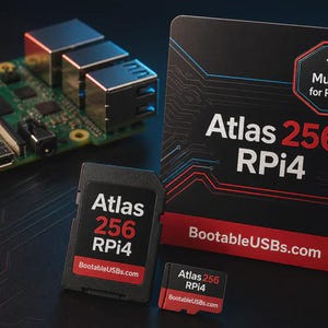 以下が含まれることがあります： 緑色のRaspberry Pi 4回路基板と、黒いSDカード、microSDカード、正方形の製品カード。カードには「Atlas 256 RPi4」、「BootableUSBs.com」、「12-in-1 Multiboot SD for Raspberry Pi 4」という文字が赤と白で記されています。