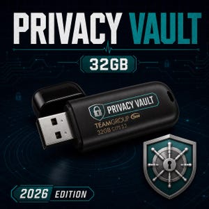 May include: A black USB flash drive labeled PRIVACY VAULT TEAMGROUP 32GB C175 3.2 with a removable cap. The device features a shield icon with a lock symbol and is presented alongside a metallic shield graphic containing a ship wheel design.