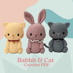 May include: Crochet pattern PDF for making a pink bunny and two cats, one yellow and one gray. The animals are sitting and have cute faces.