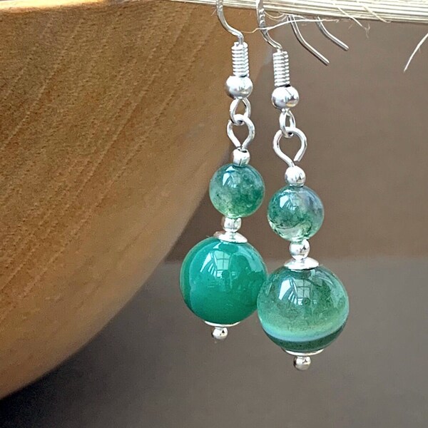 Green Earrings Moss Agate & Sardonyx, Beaded, Crystal, Unique, Gift for Her